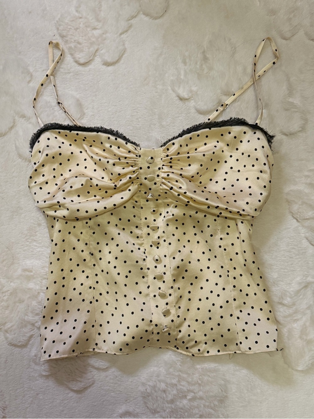 Reformation Ursula top size 4 Polka Dot Satin Cami Top in Cream with Black Trim